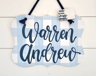 Hospital Name Sign Boy, Birth Stats Sign, Baby Birth Announcement, Baby Shower Gift, Gingham Nursery Decor, Personalized Baby Name Sign