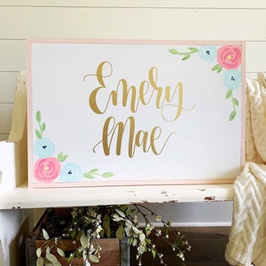 Nursery Name Sign Girl Bedroom Wall Decor Flowers Shabby Chic Nursery Framed Name Sign Nursery Gold Pink