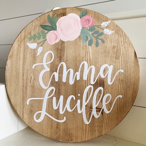 Nursery Name Sign Round | Girl Name Sign | Baby Name Sign | Boho Chic Nursery Wall Decor | Child Name Sign Flowers | Personalized  Wood Sign