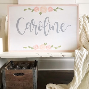 Girl Nursery Name Sign Calligraphy Name Sign Personalized Nursery Wall Art Flowers Pink Gold Wall Decor Hand Painted Child Name Sign