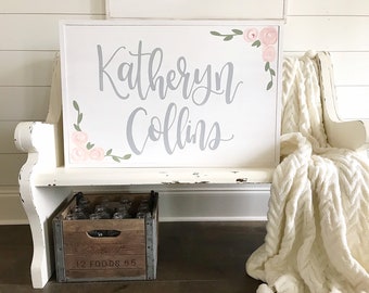 Personalized Nursery Name Sign, Floral Girl Bedroom Decor, Over Crib Wall Decor, Pink and Gold