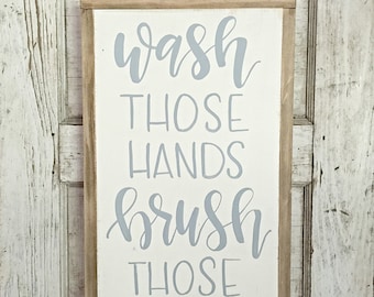 Farmhouse Bathroom Sign: Wash Hands Brush Teeth, Framed Wood Decor