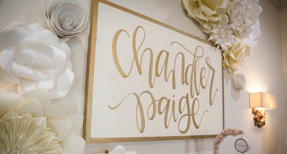 LARGE Girl Nursery Name Sign | Wall Decor | Boho Shabby Chic Nursery Decor | Gold | Flowers | Calligraphy Name Sign | Girl Bedroom