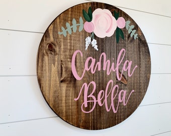 Round Nursery Name Sign | Girl Name Sign | Baby Name Sign | Boho Chic Nursery Wall Decor | Child Name Sign Flowers | Personalized  Wood Sign