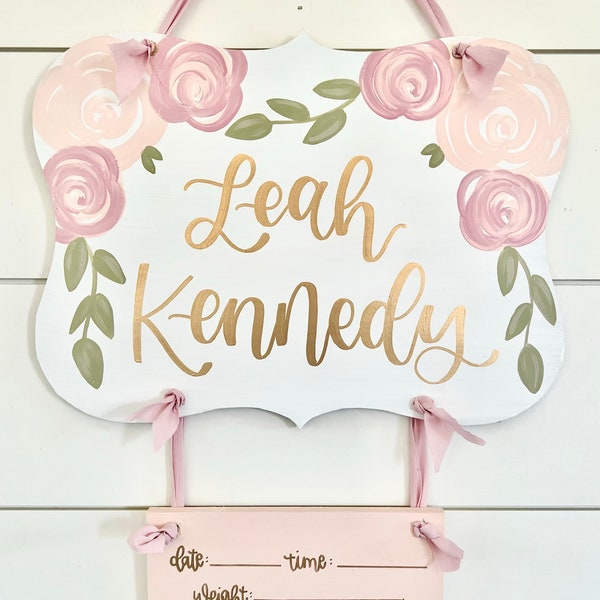 Hospital Door Hanger Girl, Nursery Name Sign Flowers, Birth Stats Sign Baby Girl, Nursery Decor, Birth Announcement Sign, Pam Test 1