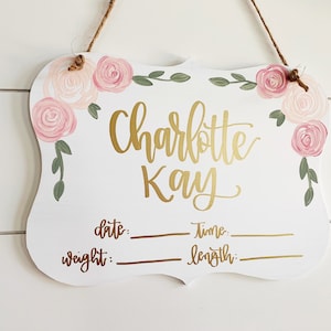 Hospital Door Hanger Girl Floral Nursery Name Sign Birth Stats Sign Girl Hospital Door Wreath Announcement Sign