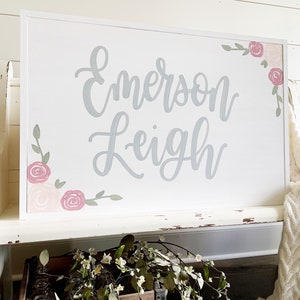 Baby Girl Nursery Name Sign Calligraphy Name Sign Personalized Nursery Wall Art Flowers Pink Gold Wall Decor Hand Painted Child Name Sign