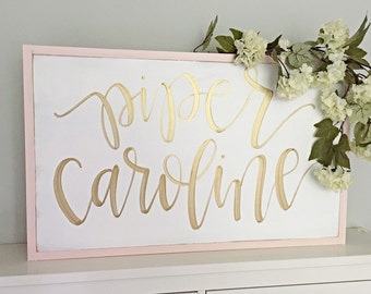 Nursery Name Sign, Personalized Girl Wall Art | Hand Painted Gold Calligraphy, Pink Frame