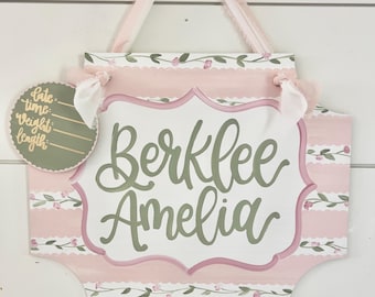 Hospital Name Sign, Floral Baby Banner, Baby Shower Gift, Baby Girl Door Hanger