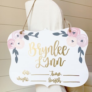 Hospital Door Hanger Girl Floral Nursery Name Sign Birth Stats Sign Girl Hospital Door Wreath Announcement Sign