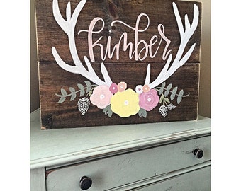 Rustic Nursery Name Sign: Antlers and Flowers, Reclaimed Wood