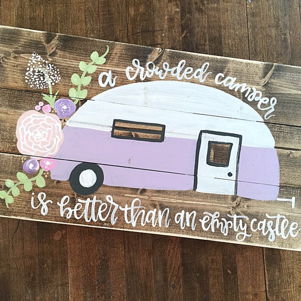 Vintage Camper | Airstream Camper | Flowers | Hand Painted | Rustic Wood Sign | Rustic Home Decor | Glamping | Happy Camper