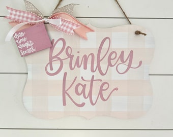 Hospital Name Sign Girl, Birth Stats Sign, Baby Birth Announcement, Baby Shower Gift, Gingham Nursery Decor, Personalized Baby Name Sign