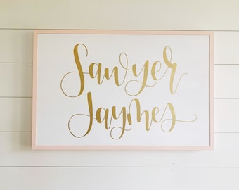 Nursery Name Sign, Framed Over the Crib Sign, Baby Name Sign, Girl Nursery Wall Art, Baby Shower Decor, Pink Gold Bedroom Decor