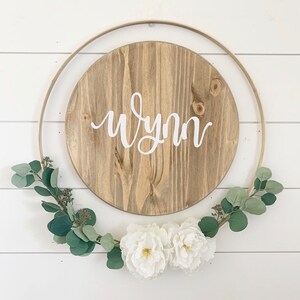 Personalized Round Wood Nursery Name Sign | Boho Floral Decor