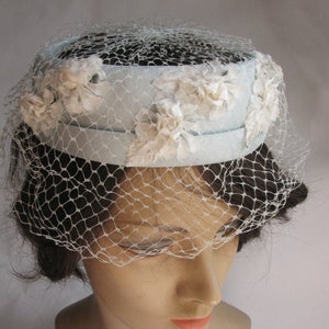 May include: A light blue hat with white fabric flowers and a matching veil. The hat is made of a soft, lightweight material and has a simple, elegant design.