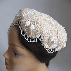 Vintage 1950s Elegant Ivory and White Beaded Lace Pill Box Hat designed by Mlle. Arlette NY