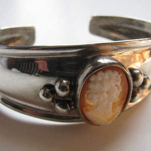 Vintage 1960s Sterling Silver & Carved Cameo Cuff Bracelet by Joseph Esposito