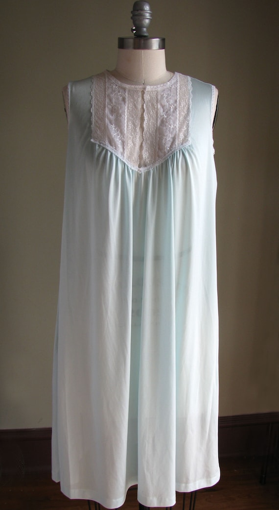 Vintage 1950s Light Aqua Nylon Nightgown with Whi… - image 2