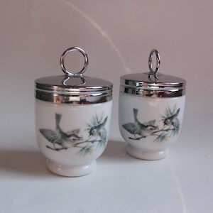 Rare Vintage Royal Worchester Egg Coddlers with Bird Scenes  (2)