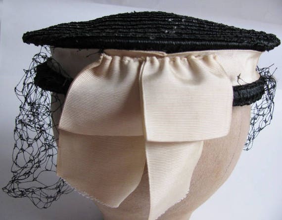 Woman"s Black Straw Sailor Hat adorned with White… - image 3