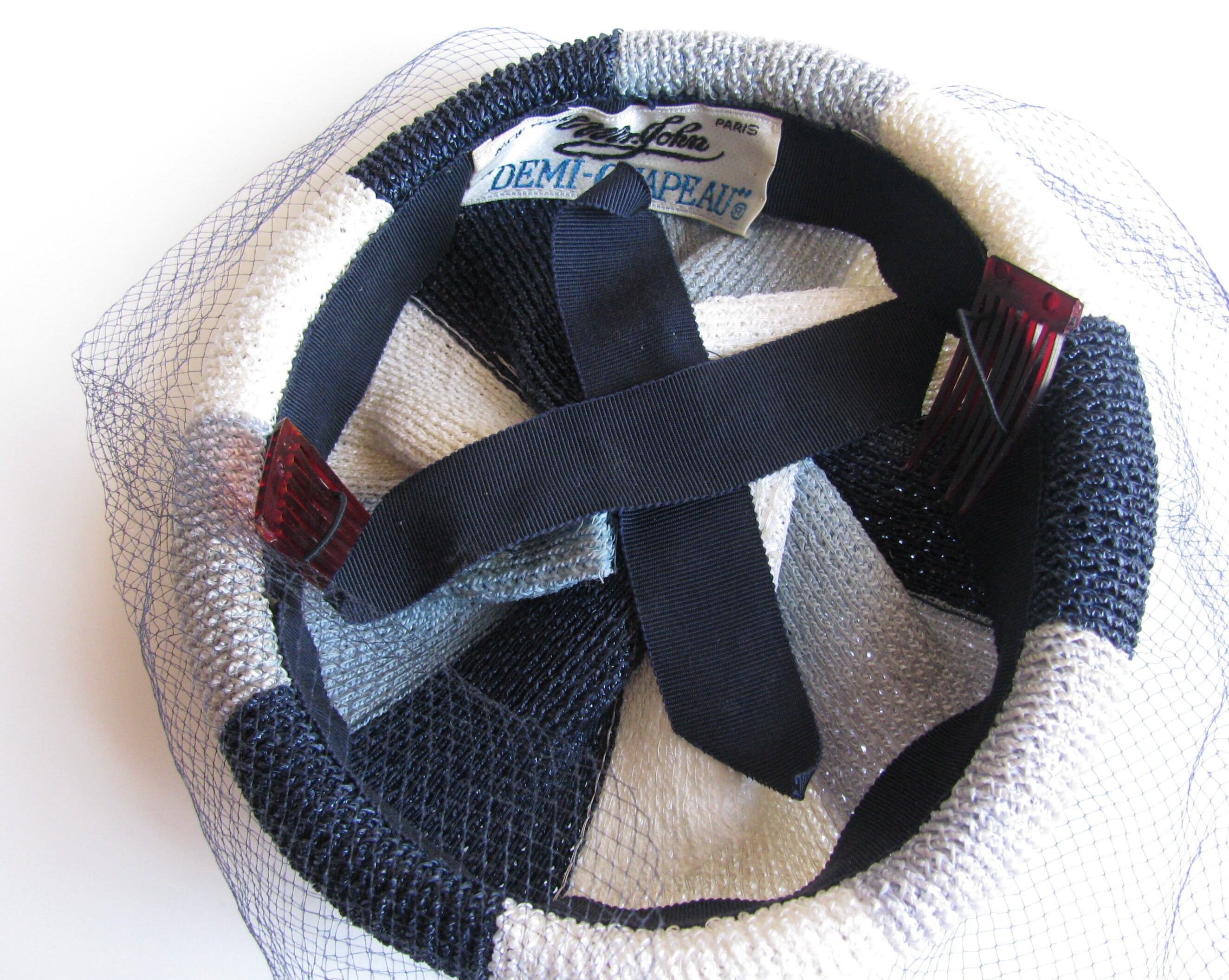 1960s Mr. John Demi Chapeau Striped Ladies Hat With Netting  display picture 2