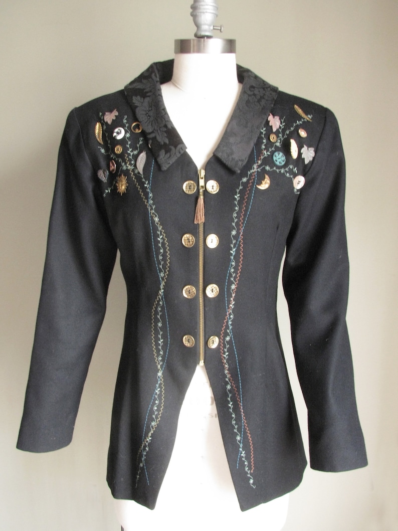 Vintage 1990s Michael Radyk Black JacketBlazer with Embroidery Stitching including Button and Brass Adornments