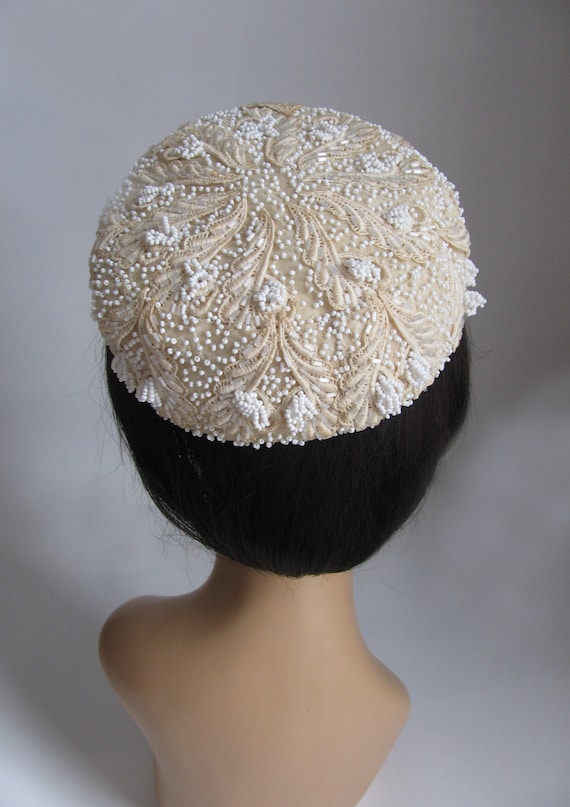 Vintage 1950s Elegant Ivory and White Beaded Lace Hat-  A Betty Jane Original Vintage 1950s Elegant Ivory and White Beaded Lace Pill Box  main image 3