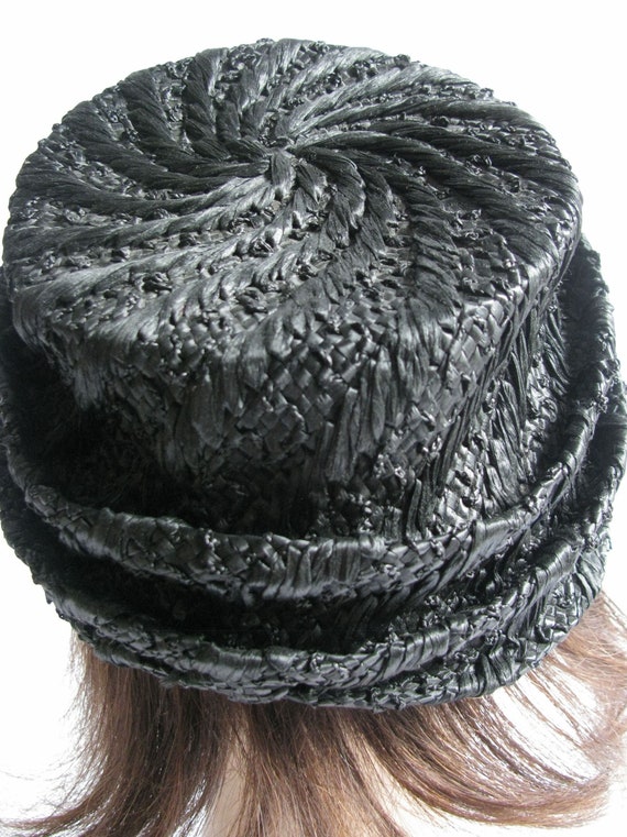 Vintage 1950s Black Straw Turban Hat - image 3