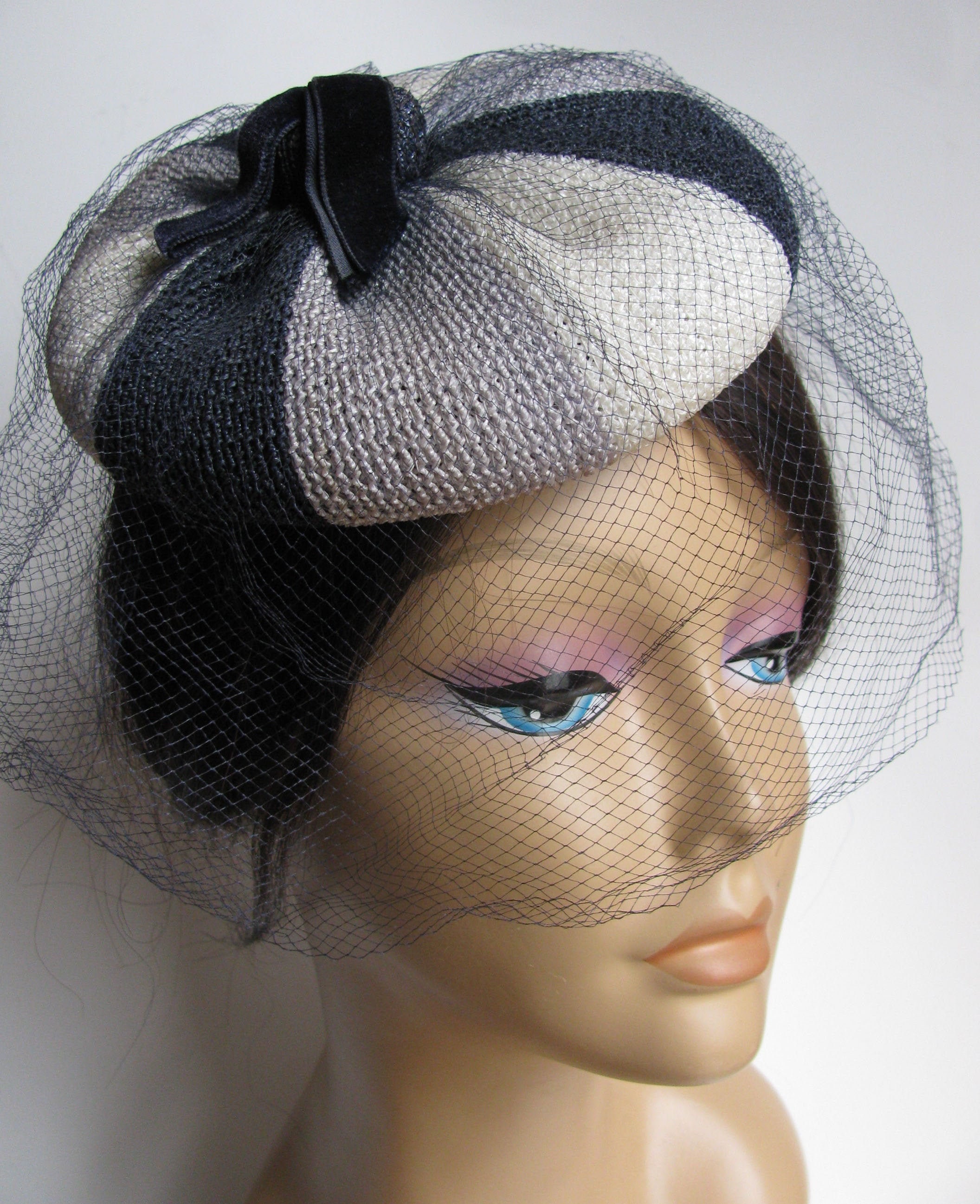 Vtg 50s 60s Demi Chapeau By Mr. John NY With Netting & Leaf Detail, S/7 1960s Mr. John Demi Chapeau Striped Ladies Hat With Netting  main image 2
