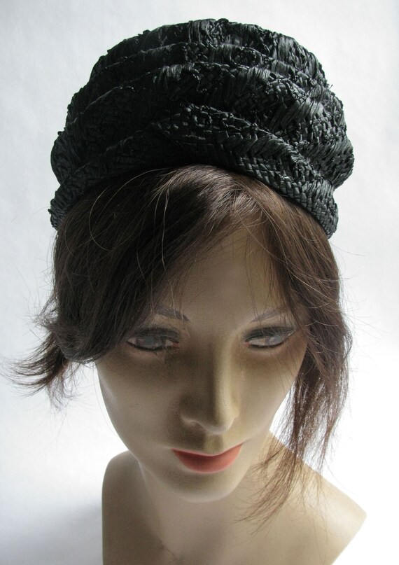 Vintage 1950s Black Straw Turban Hat - image 2