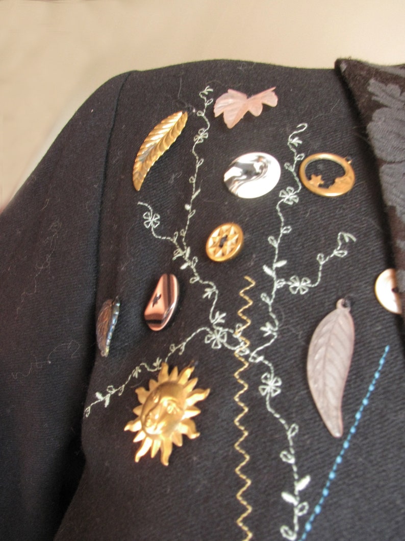 Vintage 1990s Michael Radyk Black JacketBlazer with Embroidery Stitching including Button and Brass Adornments