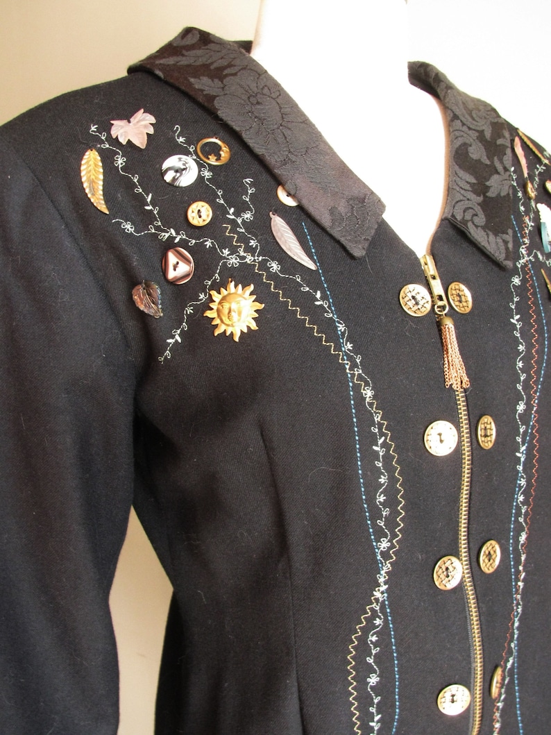 Vintage 1990s Michael Radyk Black JacketBlazer with Embroidery Stitching including Button and Brass Adornments