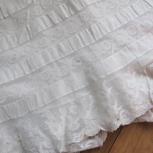 Vintage 1900s White Cotton Skirt with Rows of Lace and Lace Ruffle on Bottom Edge