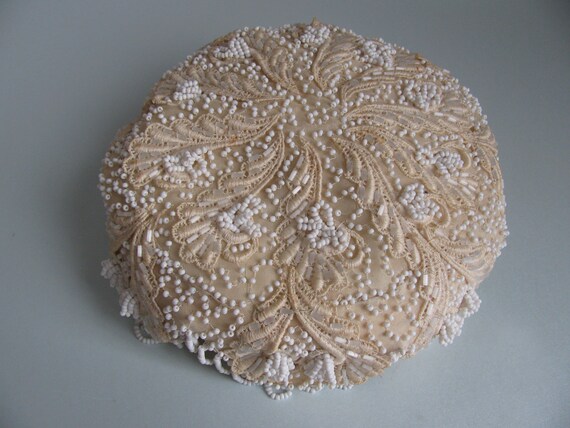 Vintage 1950s Elegant Ivory and White Beaded Lace Hat-  A Betty Jane Original Vintage 1950s Elegant Ivory and White Beaded Lace Pill Box  main image 2