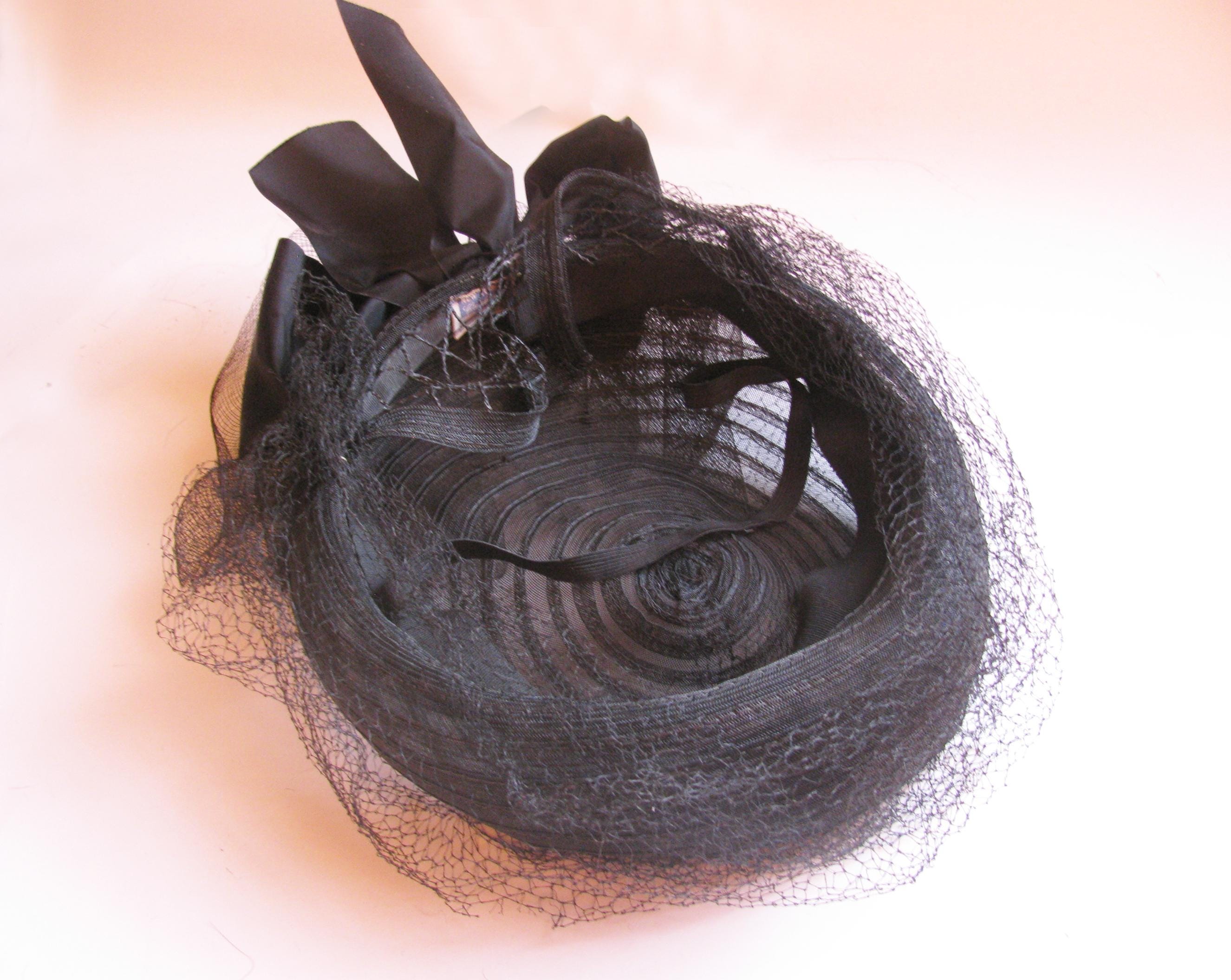 1940s 40s Vintage Black Structured Tube Hat w/ Long Netting & Bow by Trixie Hats Trixie Hats 1940s vintage black tube hat with netting main image 3