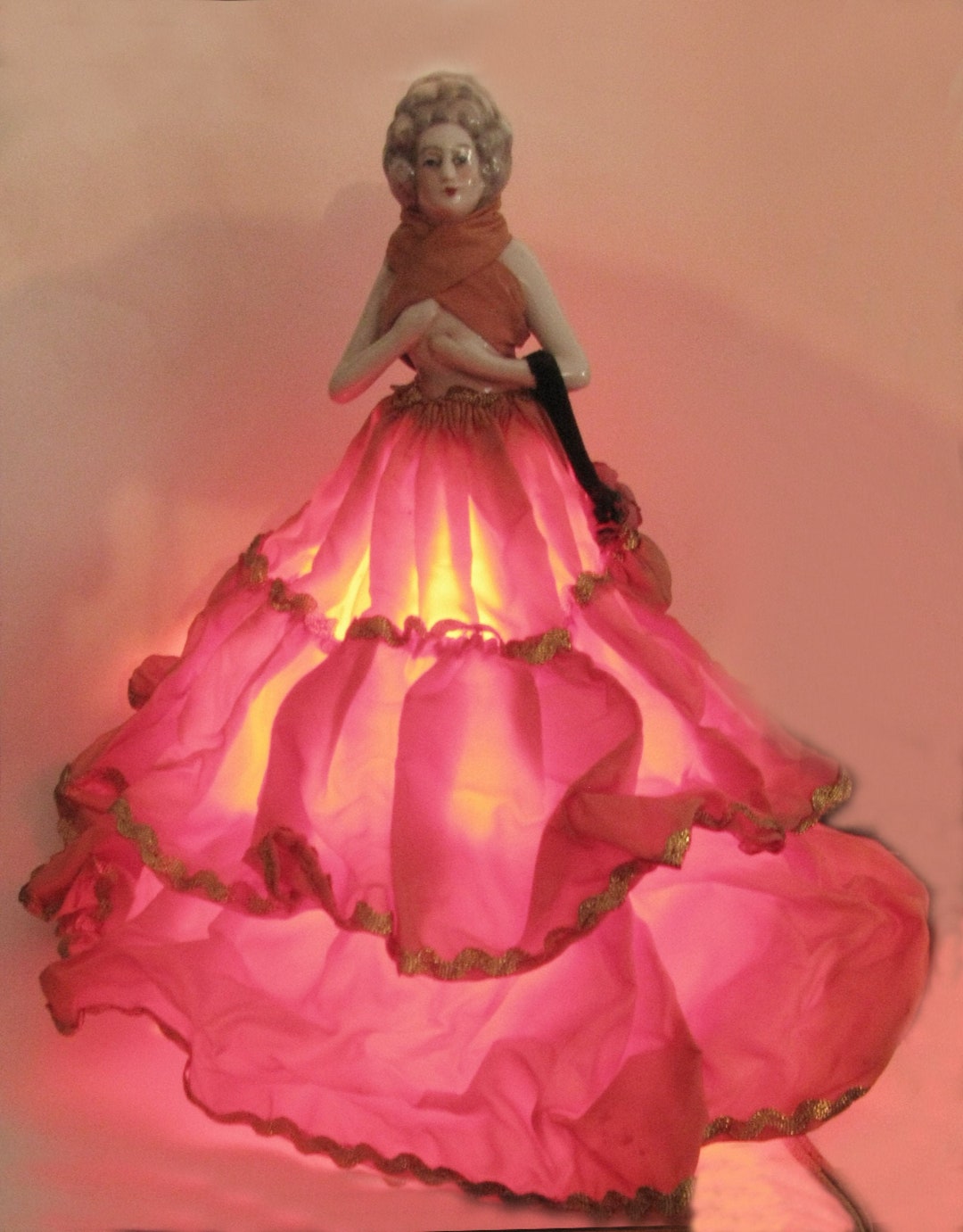 Vintage Porcelain Half Doll Lamp of Victorian Lady Dressed in a Ruffled