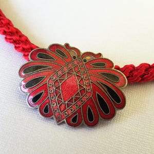 Vintage Cloisonne Red Butterfly Necklace/Red Butterfly Rope Necklace/90s Costume Jewelry