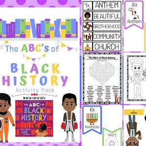 May include: A colourful printable activity pack for learning about Black History. The pack includes a word search, alphabet flashcards, and colouring pages. The cover features a bookshelf with colourful books and the text "The ABC's of Black History Activity Pack".
