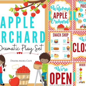 May include: A printable set of signs for an apple orchard themed dramatic play area. The signs include a welcome sign, a market prices sign, a snack shop menu, a closed sign, an open sign, and an order form. The signs are in red, white, and blue with a gingham pattern.