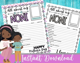 Alles über meine NONI, Muttertag Printable, Muttertagsgeschenk, Muttertagsgeschenk für Großmutter, Muttertagsausmalung, Muttertagskarte