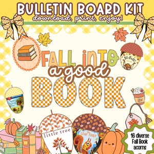May include: A bulletin board kit featuring the text "FALL into a good BOOK" with a yellow checkered pattern. The design includes illustrations of orange pumpkins, stacks of books, acorns, autumn leaves, and a cup of coffee with whipped cream.