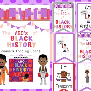 Zwarte geschiedenis maand banner, zwarte geschiedenis decoraties, zwarte geschiedenis traceerkaarten, zwarte geschiedenis maand kinderactiviteit