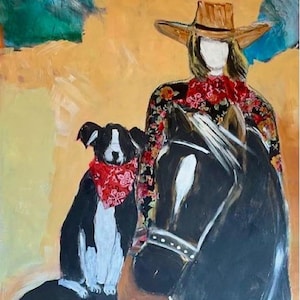 Cowgirl and Border Collie Print, Friends Forever, Gallery Wrapped (12x20x1) Signed