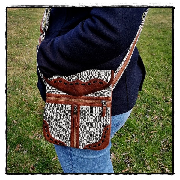 Robuste Handtasche für Mittelaltermärkte, Schultertasche aus Baumwolle und Leder, Umhängetasche, Festivaltasche, Sidebag