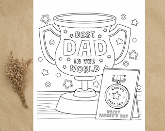 Best Dad in the World Award Coloring Page Printable Digital Download Happy Father's Day Gift from Kids