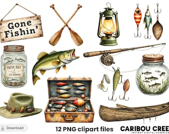 May include: Watercolor illustrations of fishing-related items. Includes a wooden sign that reads "Gone Fishin'," crossed oars, a lantern, fishing lures, a fishing rod, a jar of live bait, a bass, a tackle box, a hat, a canoe, and a jar of fresh bait.