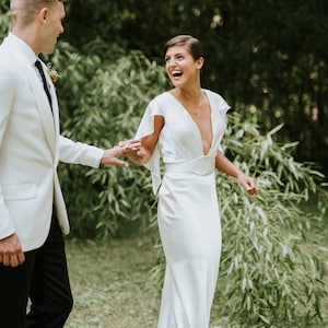 Simple modern vintage bridal gown / summer garden or elopement wedding dress / flattering flutter sleeves / slinky silky alternative /Bianca