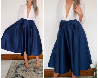 Satin midi length full circle skirt / 'Audrey' style / voluminous ladylike skirt / nipped in waist / courthouse wedding, bridesmaid or guest