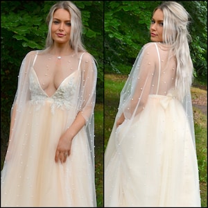 Long wedding cape / pearl on tulle mesh / Sheer cape cover-up for bride, mother of the bride / bridal cape / with or without arm holes /VERA